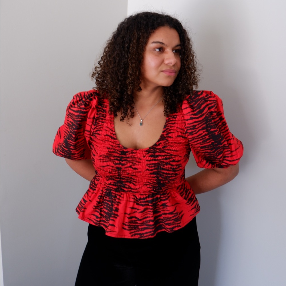 GANNI Puff Sleeve Shirred Peplum Top